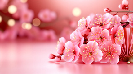 Obraz premium Delicate sakura flowers in soft pink tones with golden accents evoking a romantic and serene atmosphere, complemented by a washed out light background.