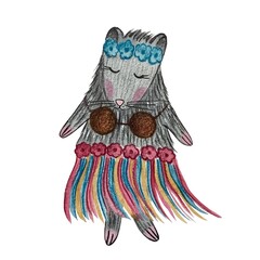 Colourful watercolour and pencils illustration of cute, funny grey hamster in the Hawaii costume in the skirt and blue flower wreath on the whit background.