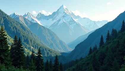 Fototapeta premium Dense forest of coniferous trees at high altitude, Himalayas, mountain range