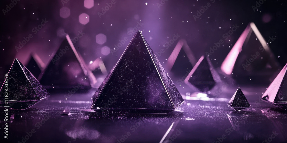 Poster a collection of shimmering pyramids sits on a reflective surface under a vibrant purple light. spark