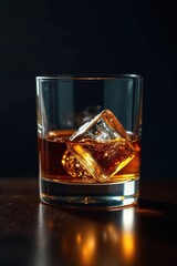 Smooth glass of whiskey with ice on a dark background reflects light softly, reflection, bottle, dimly lit