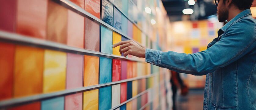 Man choosing colors at expo; vibrant background. Design inspiration