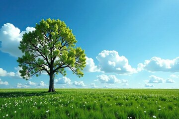Fototapeta premium lone tree in field of catkins amidst blue sky and white clouds, blue, solitary, nature