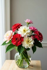 A lush arrangement of mixed flowers including geraniums in a vase, arrangement, floral