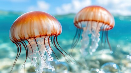 A couple of jellyfish floating on top of a body of water