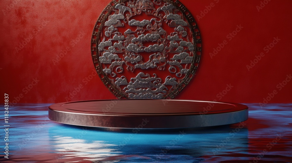 Poster elegant circular podium display with chinese motifs deep red background digital art minimalist aesth