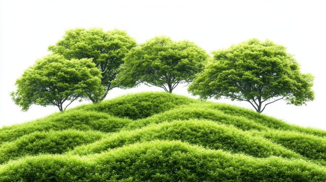 Three vibrant green trees stand atop a lush grassy hill against a pure white backdrop. Ideal for nature-themed designs, eco-friendly projects, or serene landscapes.