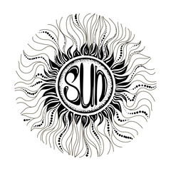 Sun with rays in the form of a flower with petals, a lettering sun is painted inside it. Black vector illustration isolated on a white background