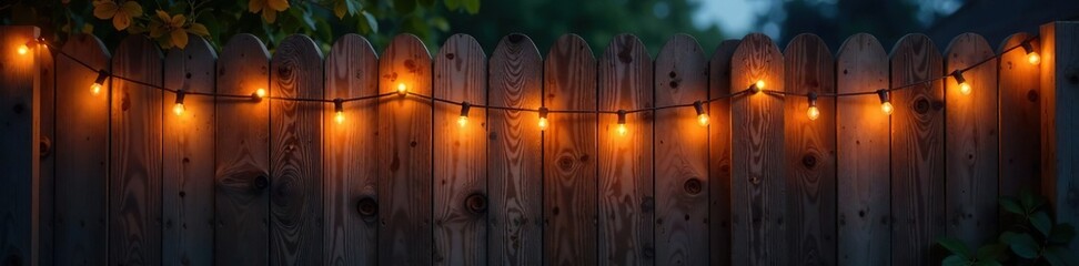 Fototapeta premium A string of fairy lights casts a warm glow on a wooden fence, soft lighting, fairy lights, whimsical ambiance