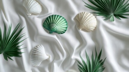 Naklejka premium Seashells and palm leaves on white silk fabric.