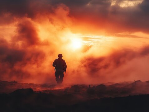 lone soldier silhouette against dramatic battlefield sunset powerful emotional war photography with atmospheric smoke and military equipment - Powered by Adobe