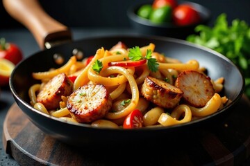 Sizzling skillet with caramelized onions and crispy pork, savory, kitchen, stir-fry