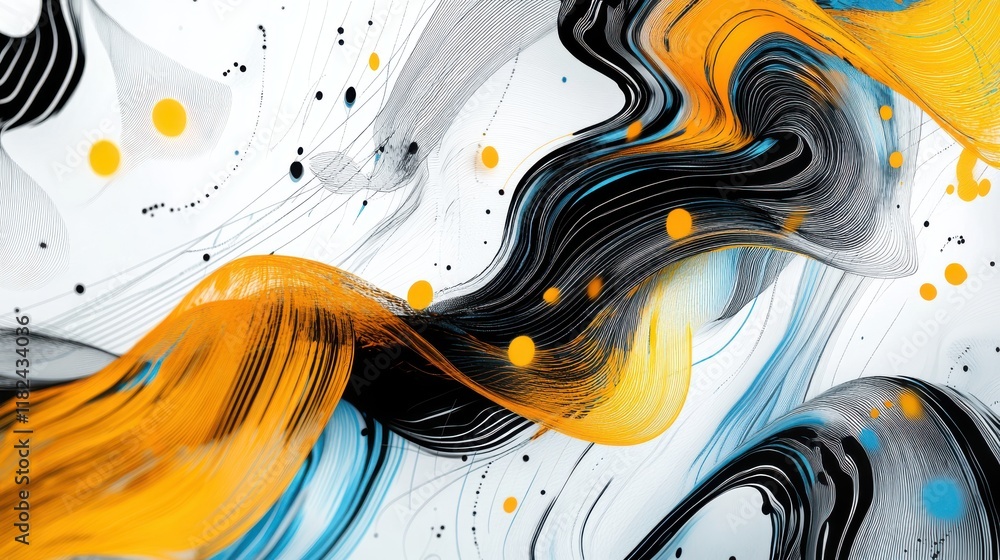 Poster modern abstract composition of intricate black line patterns with vibrant accents minimalist design 