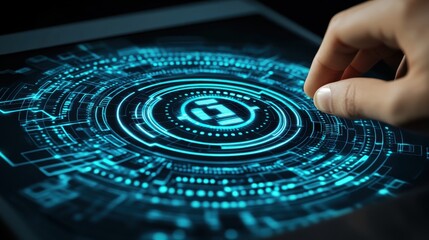 Futuristic interface with glowing digital elements and a central icon being touched. Ideal for app interfaces or technology presentations showcasing innovation and user interaction.