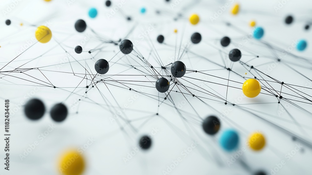 Poster interconnected modern abstract design featuring black lines and colorful nodes on white background