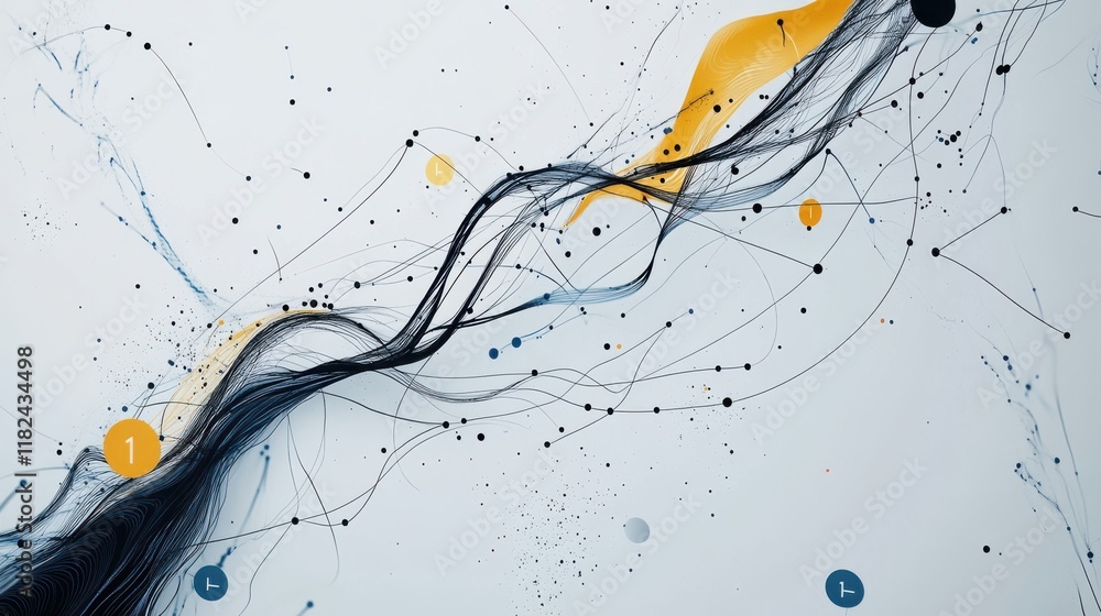 Poster modern abstract network design with black lines and colorful curves on white background