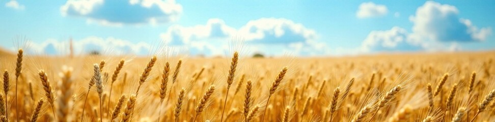 Naklejka premium A field of oats swaying gently in the wind with a blue sky above, rustic, wild