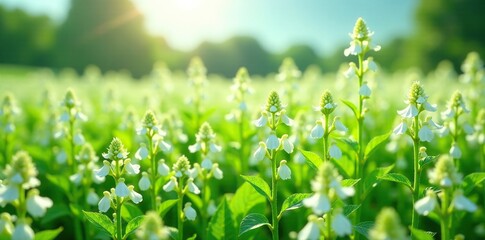 A field with a sea of white holy basil flowers swaying in the wind, flower, foliage