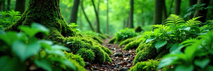 Lush green ferns and moss in a forest clearing, lush, greens