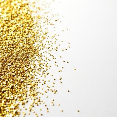 Sparkling golden glitter scattered across a pure white surface with texture, fine glitter, sparkling white