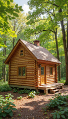 Charming log cabin nestled in vibrant forest, rustic retreat