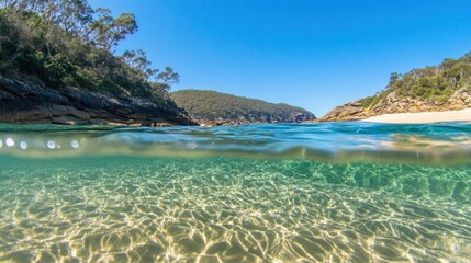 Fototapeta premium Underwater and above water view of a secluded cove with crystal clear water and sandy beach.
