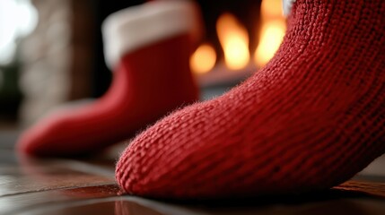 A pair of red socks sitting on top of a wooden floor