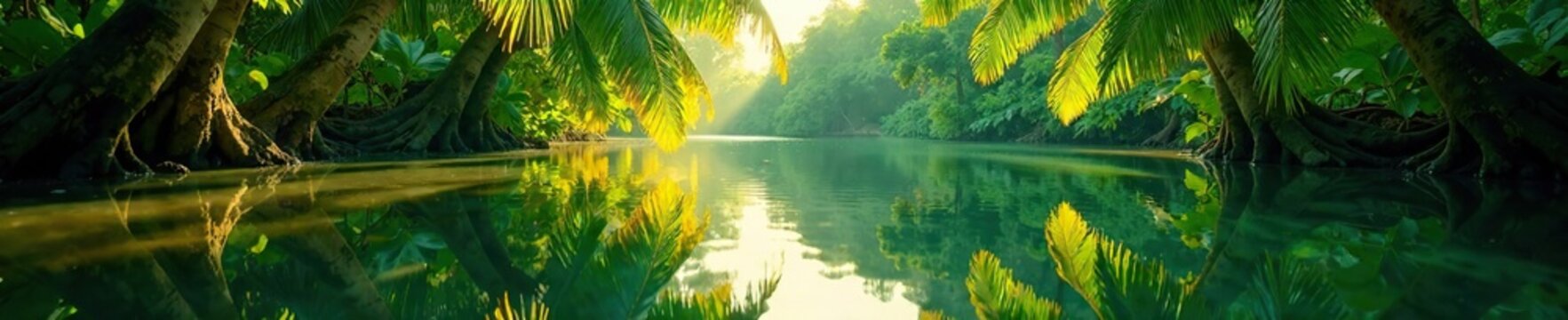Water reflection of Jussara palm fronds on a river surface, biodiversity, jussara palm