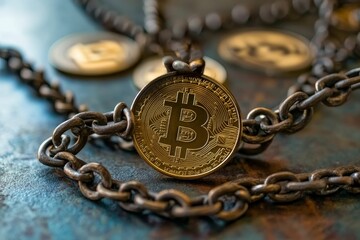 Gold coin chained, metallic links, textured surface.