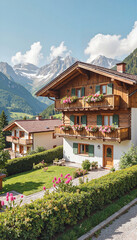 Obraz premium Charming Swiss chalet adorned with flower boxes, alpine bliss