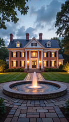 Elegant colonial mansion illuminated by fountain at dusk, stately home