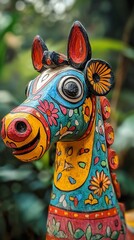Colorful horse statue, vibrant decor, lush garden background, home decor