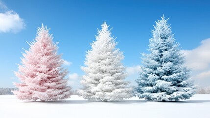 Fototapeta premium Three white and pink trees in a snowy landscape
