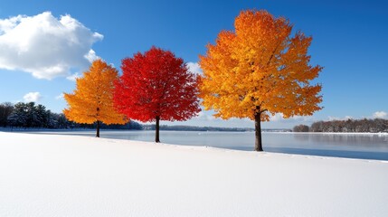 Three trees in the snow next to a body of water