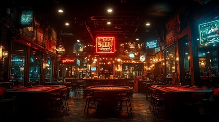 Dark Interior Gambling Establishment With Red Felt Tables
