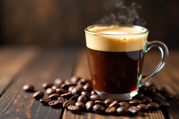 Richly textured coffee beans scattered around a warm glass cup containing creamy Irish coffee mixture, cup, texture