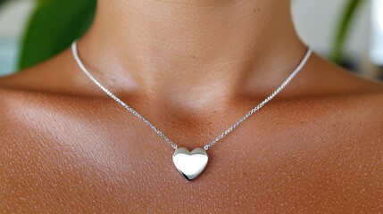 A woman wearing a silver necklace with a heart on it