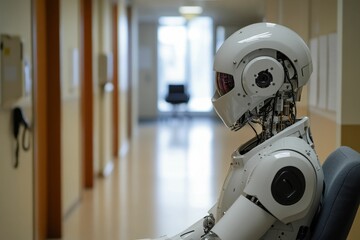 Fototapeta premium White robot sits in empty hallway.