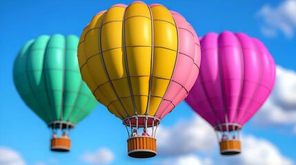 Fototapeta premium Colorful hot air balloons float against a bright blue sky, creating a vibrant and cheerful atmosphere.