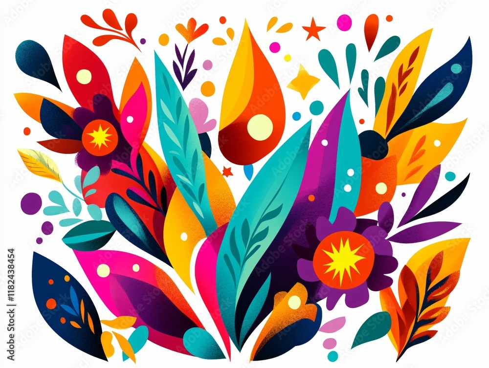 Wall mural Vibrant Floral Bouquet Illustration, Abstract Colorful Flowers and Leaves Design