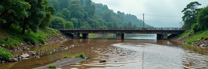 Road bridge partially submerged in murky floodwaters, erosion, destruction, flood
