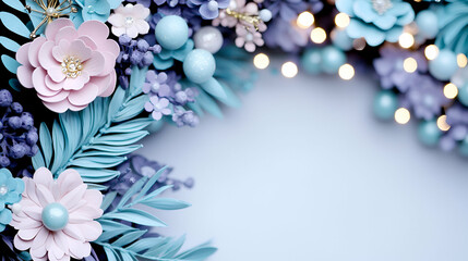 A vibrant arrangement of paper flowers and foliage in soft pastel shades, accented with lights, creating a decorative frame on a light background.