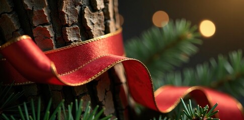 Gold and red metallic ribbon wrapped around a tree trunk, metallic, holiday decor, ribbon