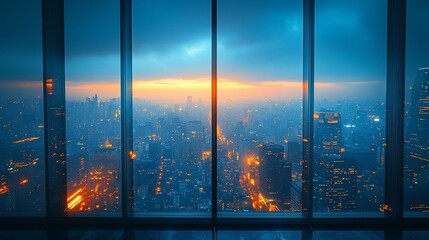 Fototapeta premium Cityscape Sunset View From Modern Window