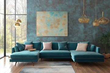 modern living room, teal blue walls, contemporary blue sofa, pink and tan throw pillows, abstract art on wall, gold pendant lights, large windows, natural light, wooden coffee table, minimalist decor,
