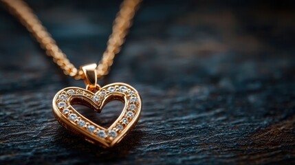 A gold heart shaped pendant with diamonds on a gold chain