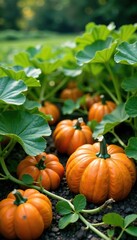 Large orange pumpkin vines spreading across the garden, pumpkins, nature