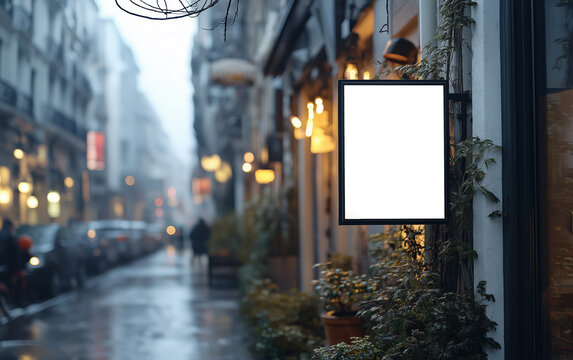 Mockup hanging sign, signage, lightbox. Poster city box, projecting blade sign. Template signage advertising citylight. Mockup outside signage, city light box, hanging sign. Realistic style photo