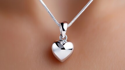  A silver heart pendant on a silver chain on a woman's neck