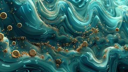 An underwater-inspired abstract design with swirls of turquoise and golden bubbles